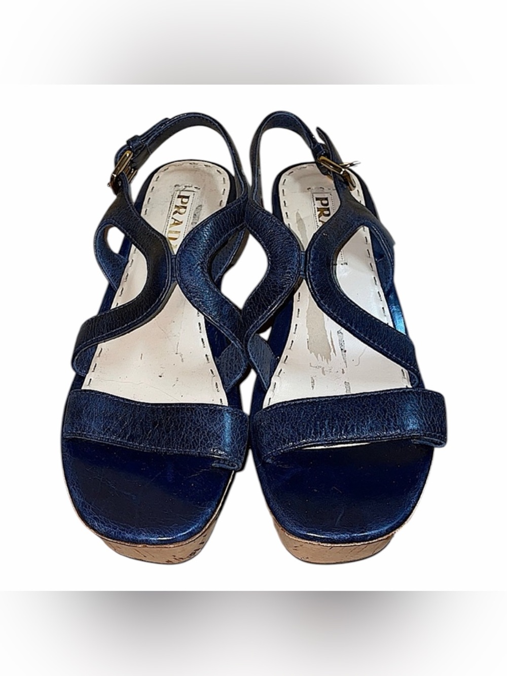 PRADA Navy Beige Patent Leather Strappy Wedge Sandals Buckle Ankle Strap Women